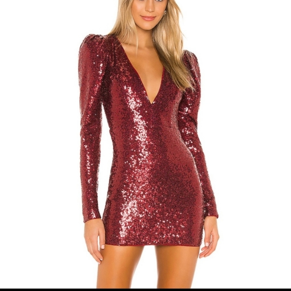 Michael Costello x Revolve Red Sequin Dress Long Sleeve V Neck Small